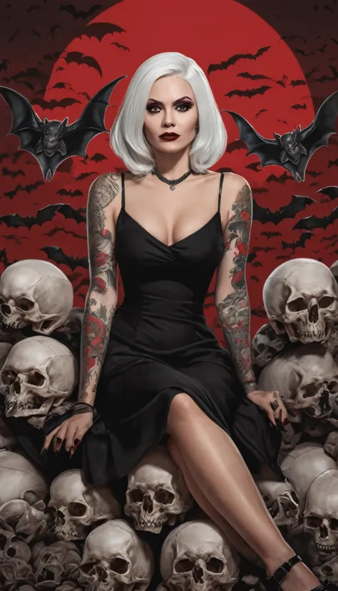 A beautiful woman with white hair and tattoos sits on a pile of skulls. She wears a black dress and high heels. Her eyes are red...