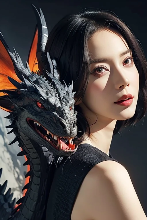 Beautiful woman with red eyes posing for elegant photo with black giant dragon, arpino,Gray Hair,Face to face, Ultra-realistic, Clear images,