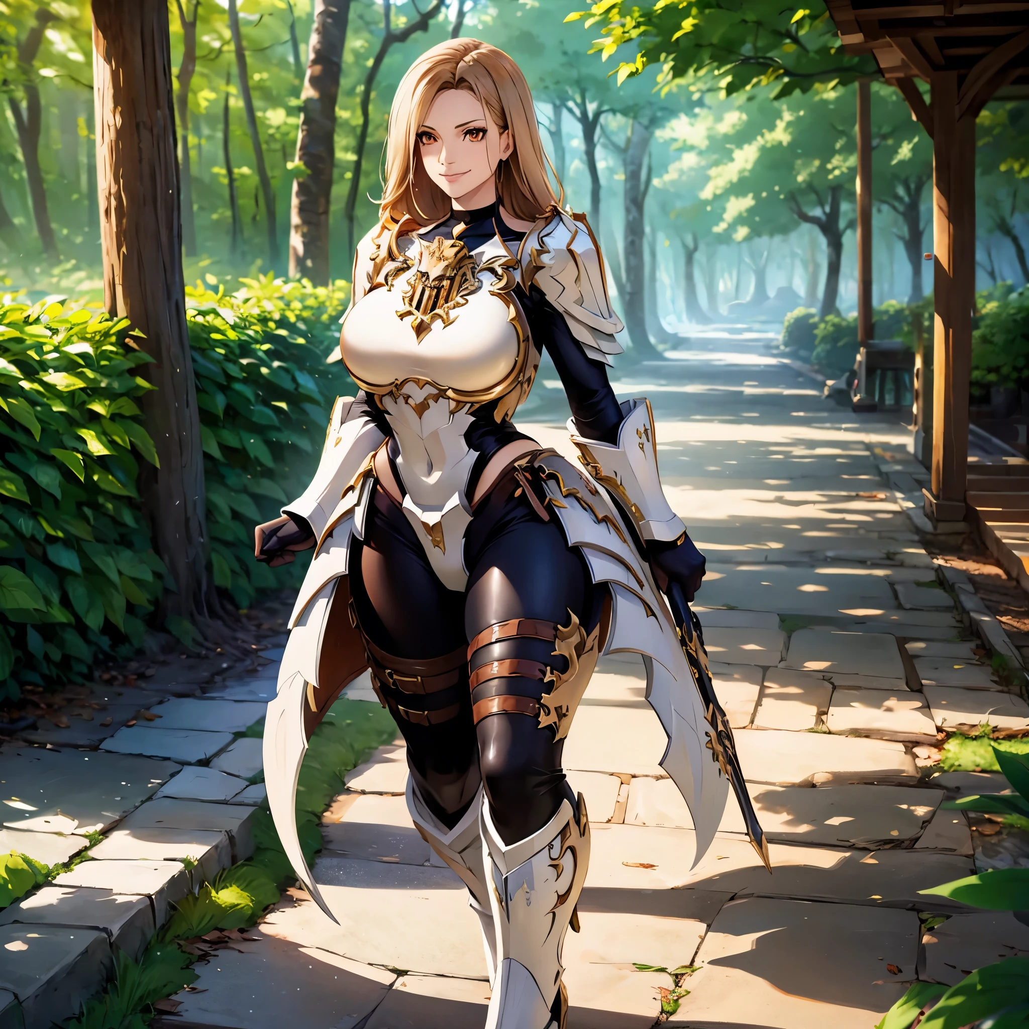 a woman wearing very heavy white armor with gold trim, wearing a dark brown hunting suit, squeezing, long beige hair, orange eyes, smiling, big breasts, in a fantasy forest, walking on a concrete walkway, holding a shield,HDR, masterpiece, well defined, ultra resolution, high quality, 8k HD. (just a woman, solo)
