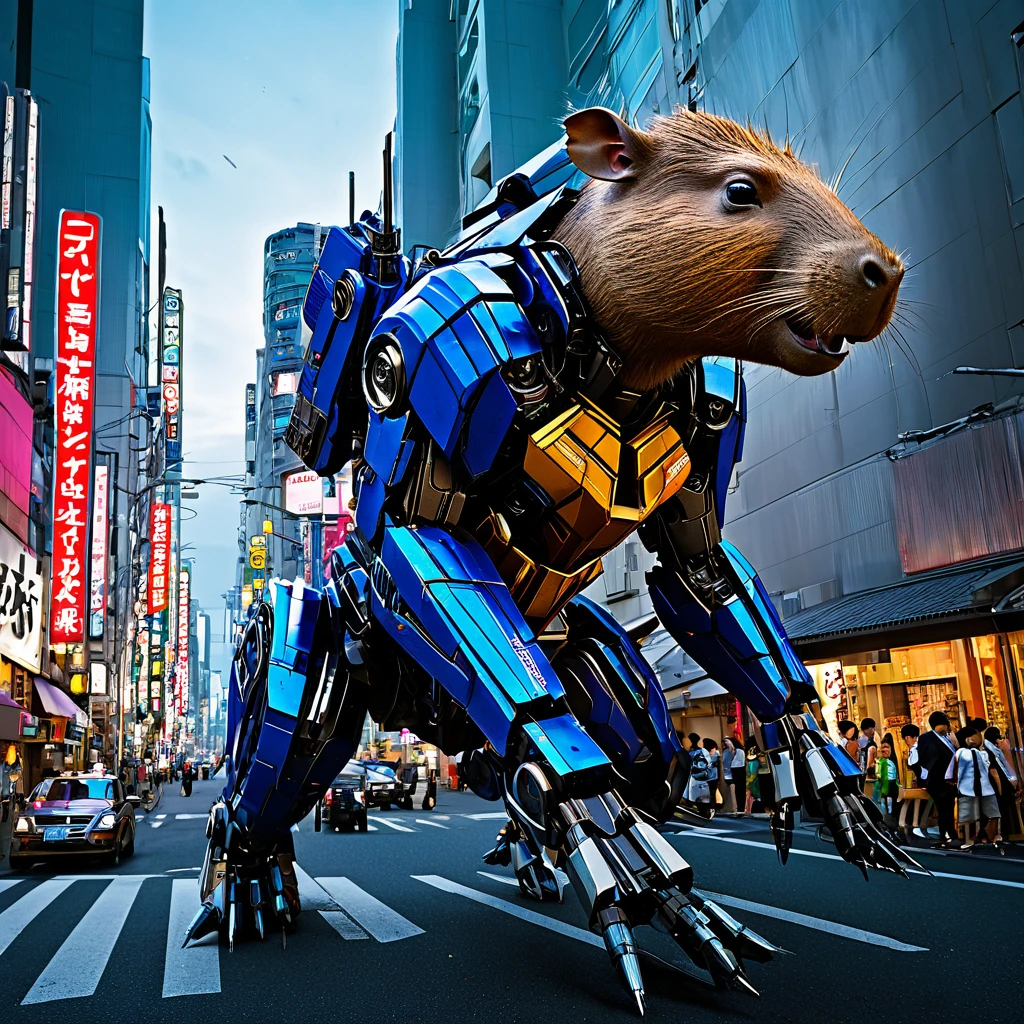 In Michael Bay's Transformers, a 2 story tall metallic capybara transformer is running amok in downtown tokyo