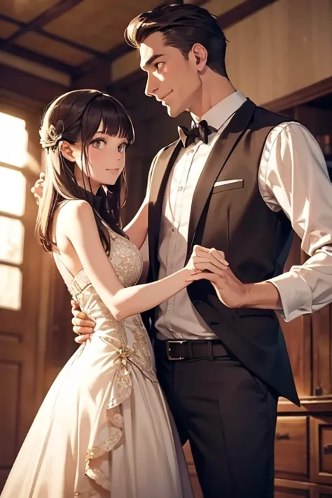 a tall man, dancing with a teen girl, close-up