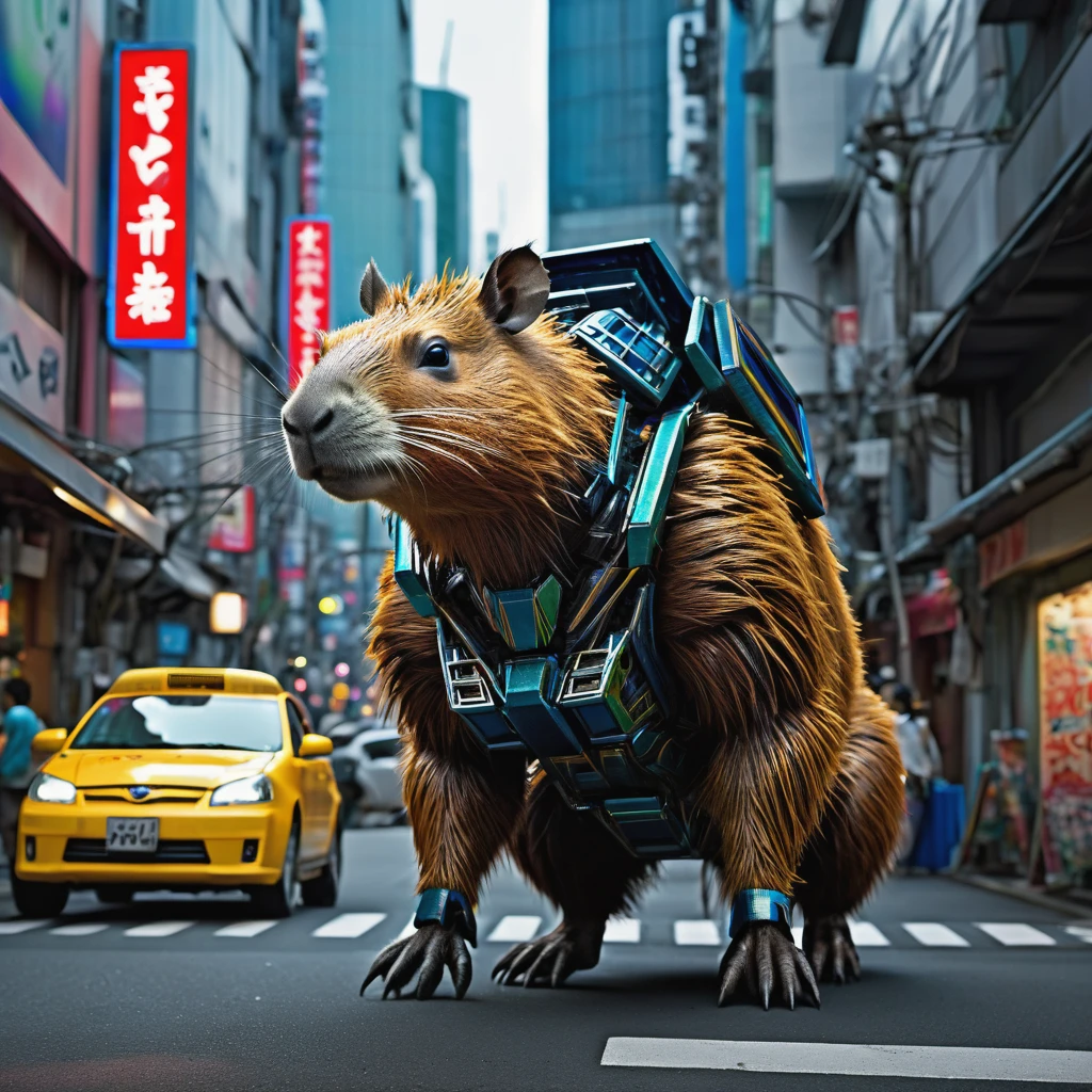 In Michael Bay's Transformers, a 2 story tall metallic capybara transformer is running amok in downtown tokyo