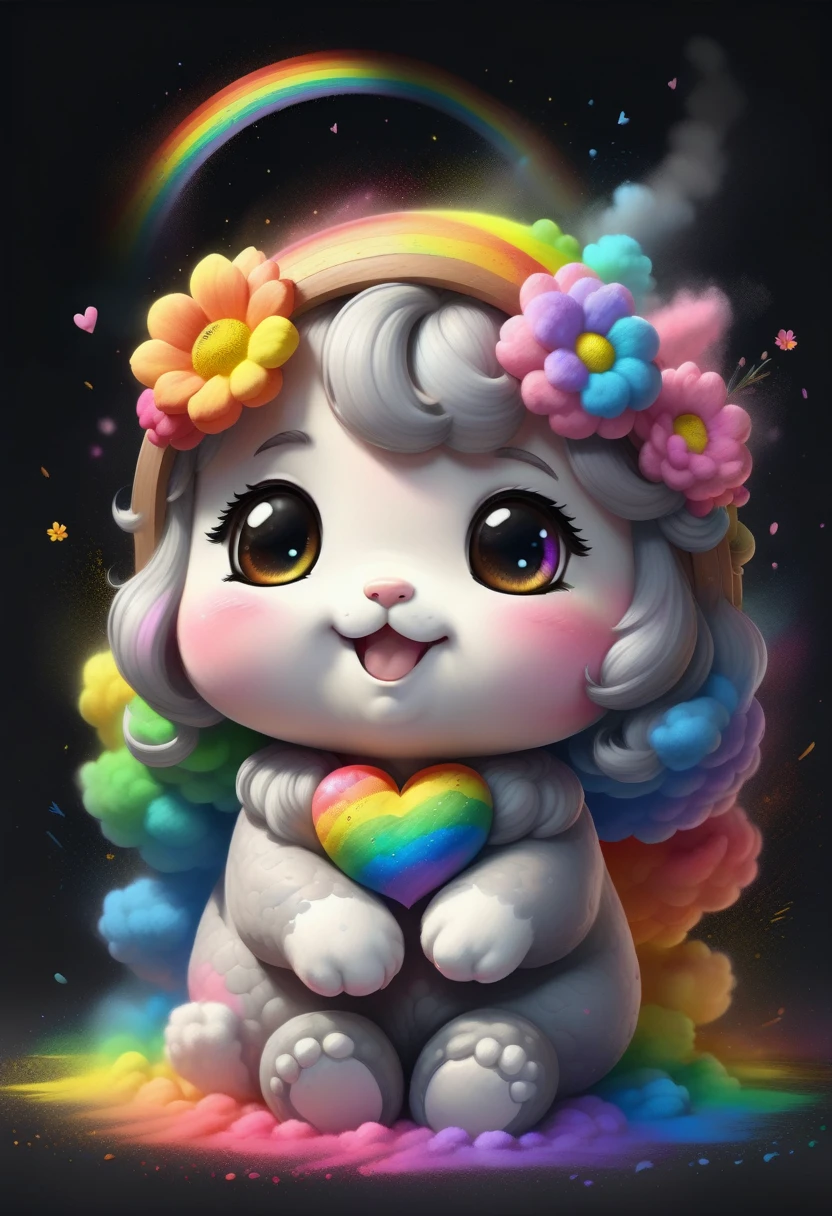 Chalk gray style，(发光的神奇cute的向日葵，花丛中有一张cute的娃娃脸)，8k，Rainbow Colors，Kawaii，cute，Digital art，high quality，Very detailed, chalk powder