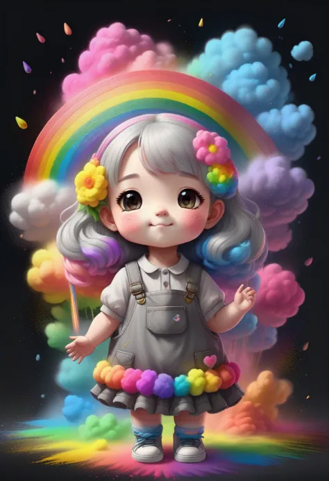 chalk gray style，(发光的神奇cute的向日葵，花丛中有一张cute的娃娃脸)，8k，rainbow colors，kawaii，cute，digital art，high quality，very detailed, chalk powd...