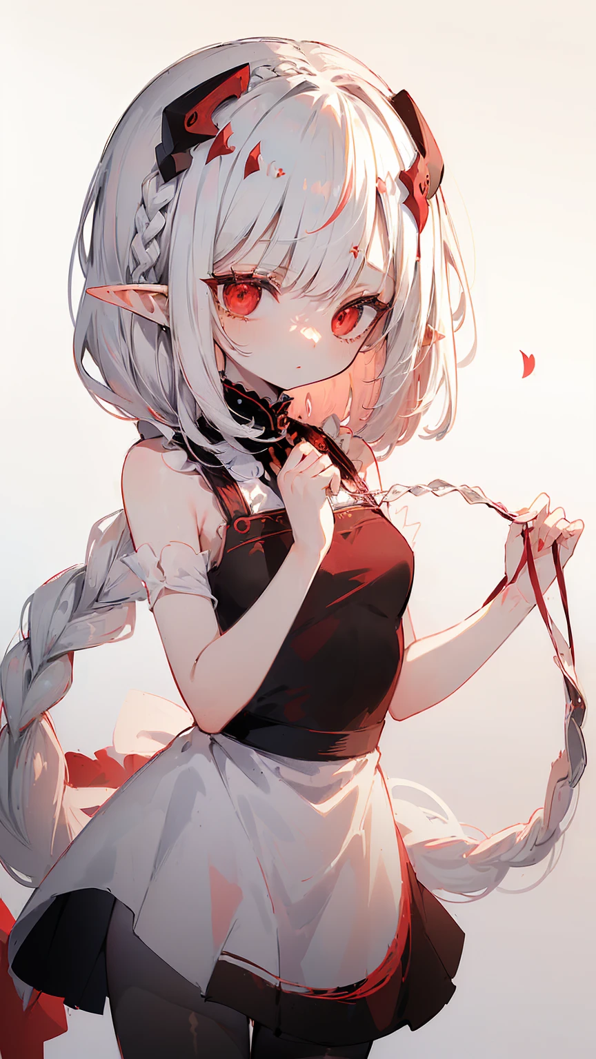 (masterpiece, sidelighting, finely detailed red eyes: 1.2), ((Best quality)), ((masterpiece)), (highly detailed:1.3), anime, 1girl, solo, , childish body, pale white skin, simple white dress, short dress, deep black pantyhose, balet flats, white hair, braided hair, single long braid, elf ears, curious expression, innocent, simple grey background,