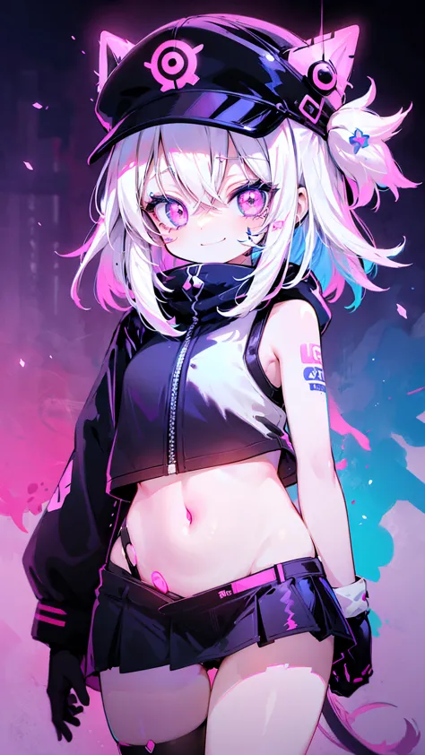 anime girl with a cap, white hair, street background in neon pink and blue colors, scars, stickers, smirk face, neon style of wh...