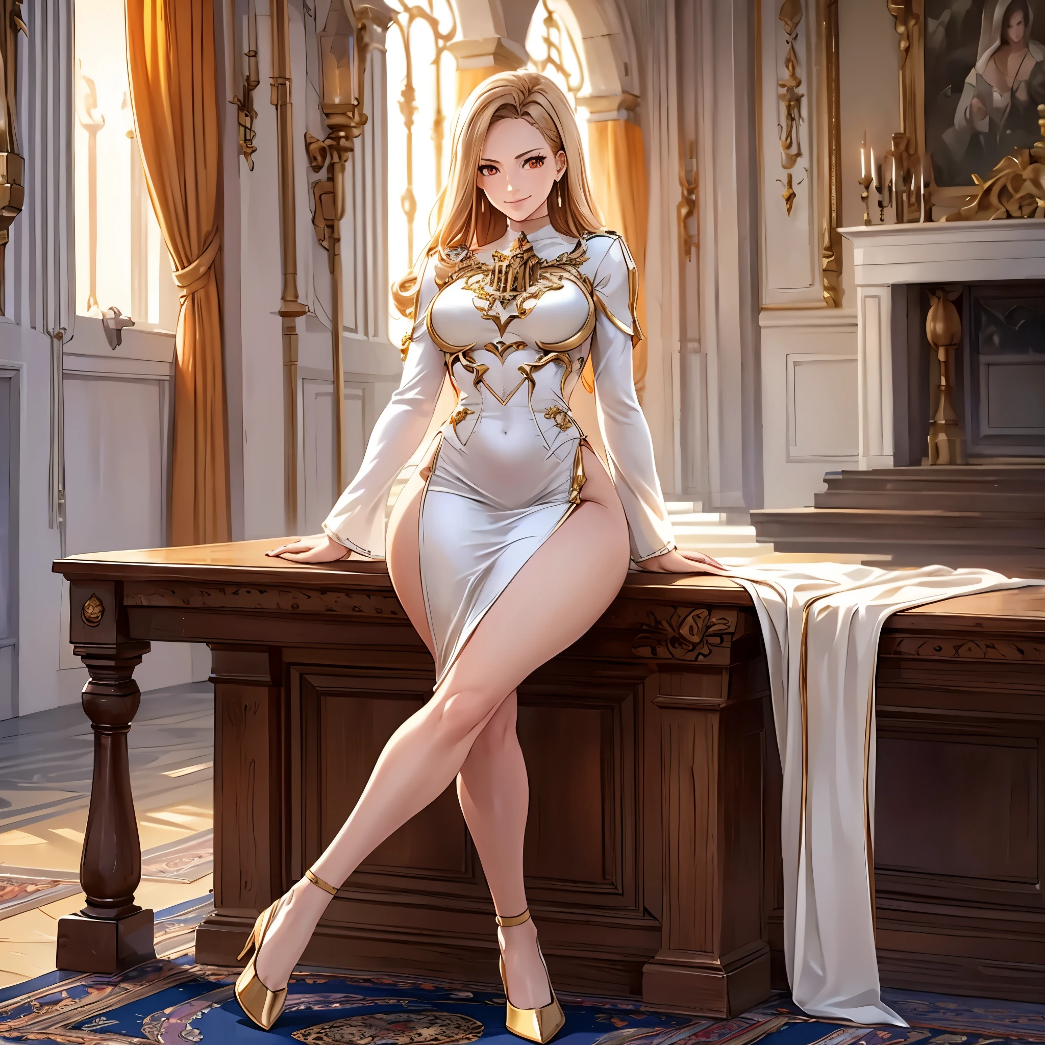 eine Frau trägt ein weißes Kleid mit goldenen Details auf dem Kleid, Beine freigelegt, long beige hair, orangefarbene Augen, lächelnd, große Brüste, in einem anspruchsvollen mittelalterlichen Saal, mit Steinpfeilerfenstern, Teppiche, Vorhänge an Ort und Stelle,HDR, Meisterwerk, gut definiert, Ultra-Auflösung, gute Qualität, 8k HD. (nur eine Frau, Allein)
