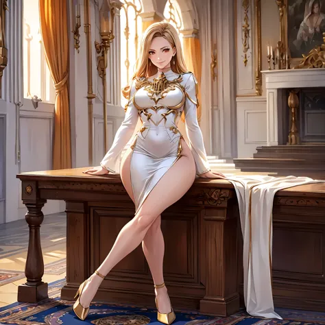 a woman wearing a white dress with gold details on the dress, legs exposed, long beige hair, orange eyes, smiling, large breasts...