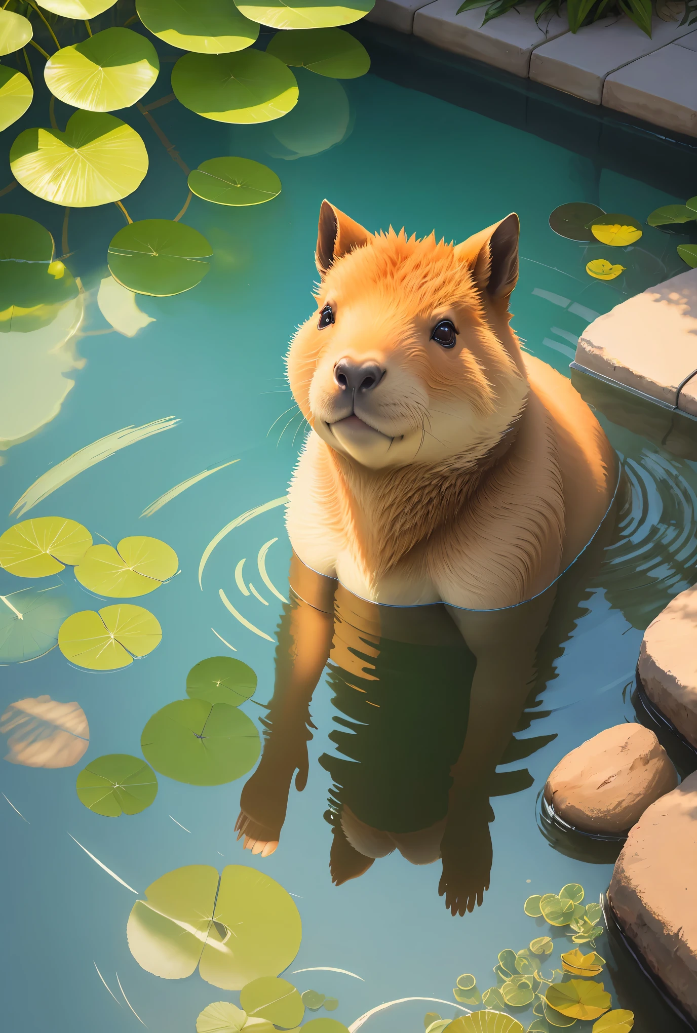 capybara in a pool,sunlight,crystal clear reflection,realistic,high quality,ultra-detailed,photorealistic:1.37,ultra-fine painting,natural colors,warm tones,soft shadows