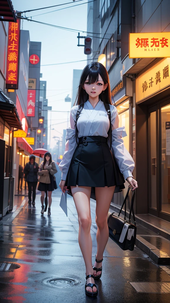 Asian woman in skirt and stockings walking on the street，Interesting costumes，Very Sexy Clothes，On the city streets，Beautiful Chinese model，On the city streets，Dress neatly，surrealism的女学生，Sexy clothing，revealing clothing，Dress appropriately，Wearing long, flowing clothes，surreal ，Japanese Goddess，Dressed in beautiful white，Best quality，masterpiece、，Ultra-high resolution，lifelike，surrealism，surrealism
