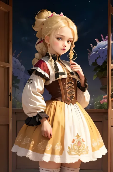 A 10 year old girl. ponytail. blonde. wide hips. bow. 17th century Russian clothes with floral print
