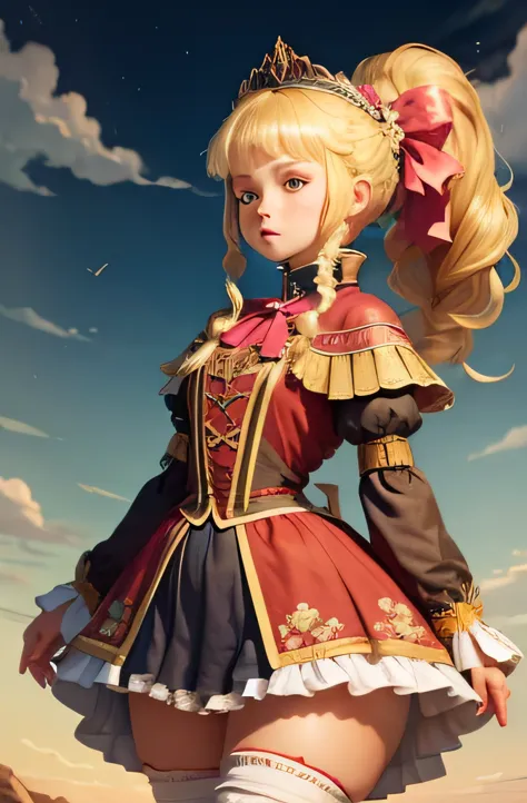 A 10 year old girl. ponytail. blonde. wide hips. bow. 17th century Russian clothes with floral print