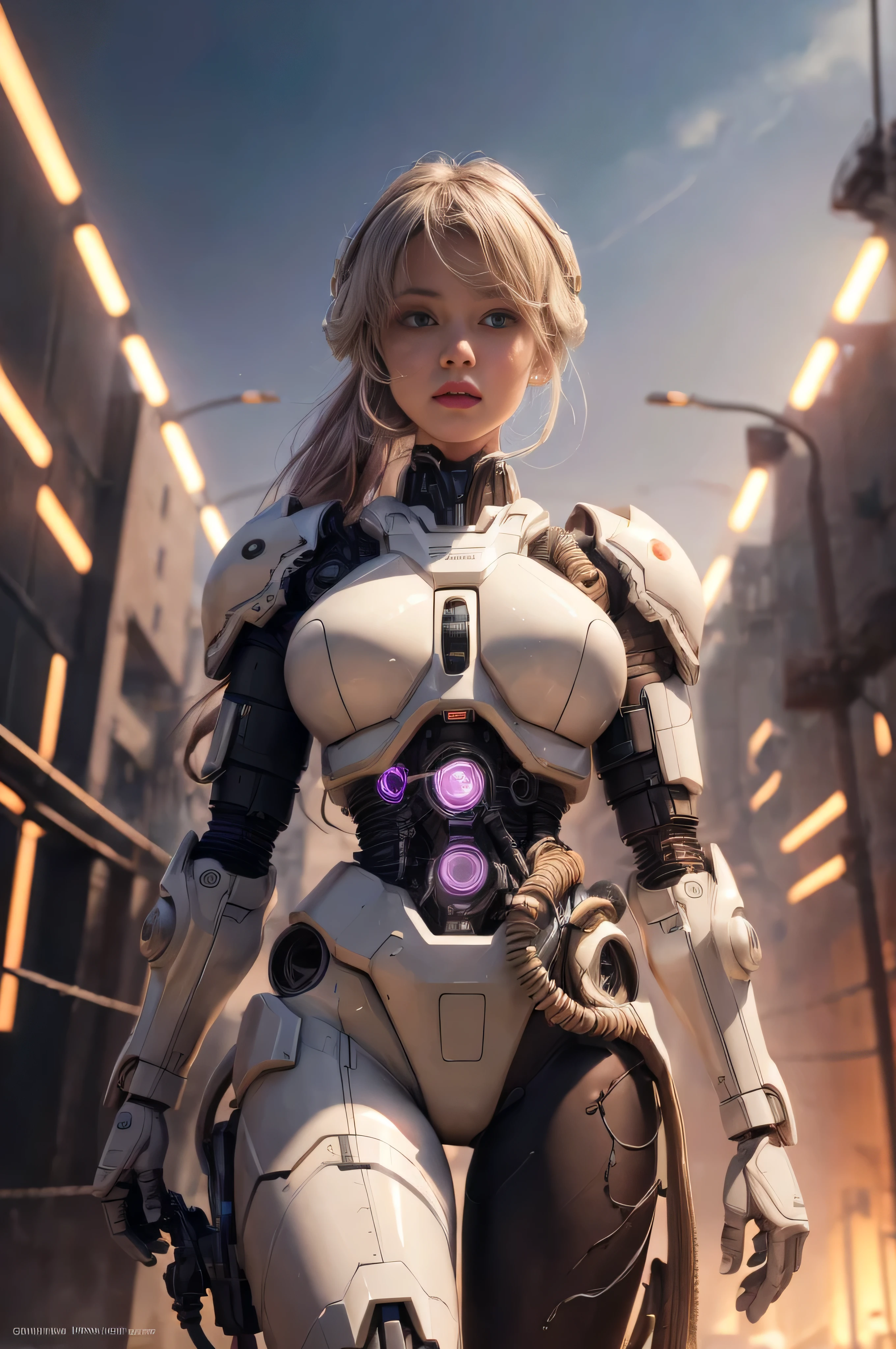 1mechanical_girl_with_kidou_keisatsu_patlabor_body , wearing_intricate_bioluminescent_mechanical_cyborg_armor_made_out_of ((white_beige_old_plastic)) , ((ultra realistic details)), detailed_face, global_illumination, shadows, octane_render, 8k, ultra_sharp, metal, ornaments_detailed, cold_colors, egypician_detail, highly_intricate_details, realistic_light, trending_on_cgsociety, glowing_eyes, look down on someone, ((from below)), lifted by self, looking at viewer, neon_details, machanical_limbs, blood_vessels_connected_to_tubes, ((lot_wires_and_cables_connecting_to_head_and_body)), killing_machine, extremely_sexy, lustful, medium breasts, slutty , official wallpaper, NSFW, In the style of Neon Genesis Evangelion, you find yourself standing on a desolate, post - apocalyptic wasteland, as the distant ruins of a massive city loom on the horizon. The sky is filled with ominous clouds, as a massive creature towers in the distance, cinematic light, dramatic light, pink + violet