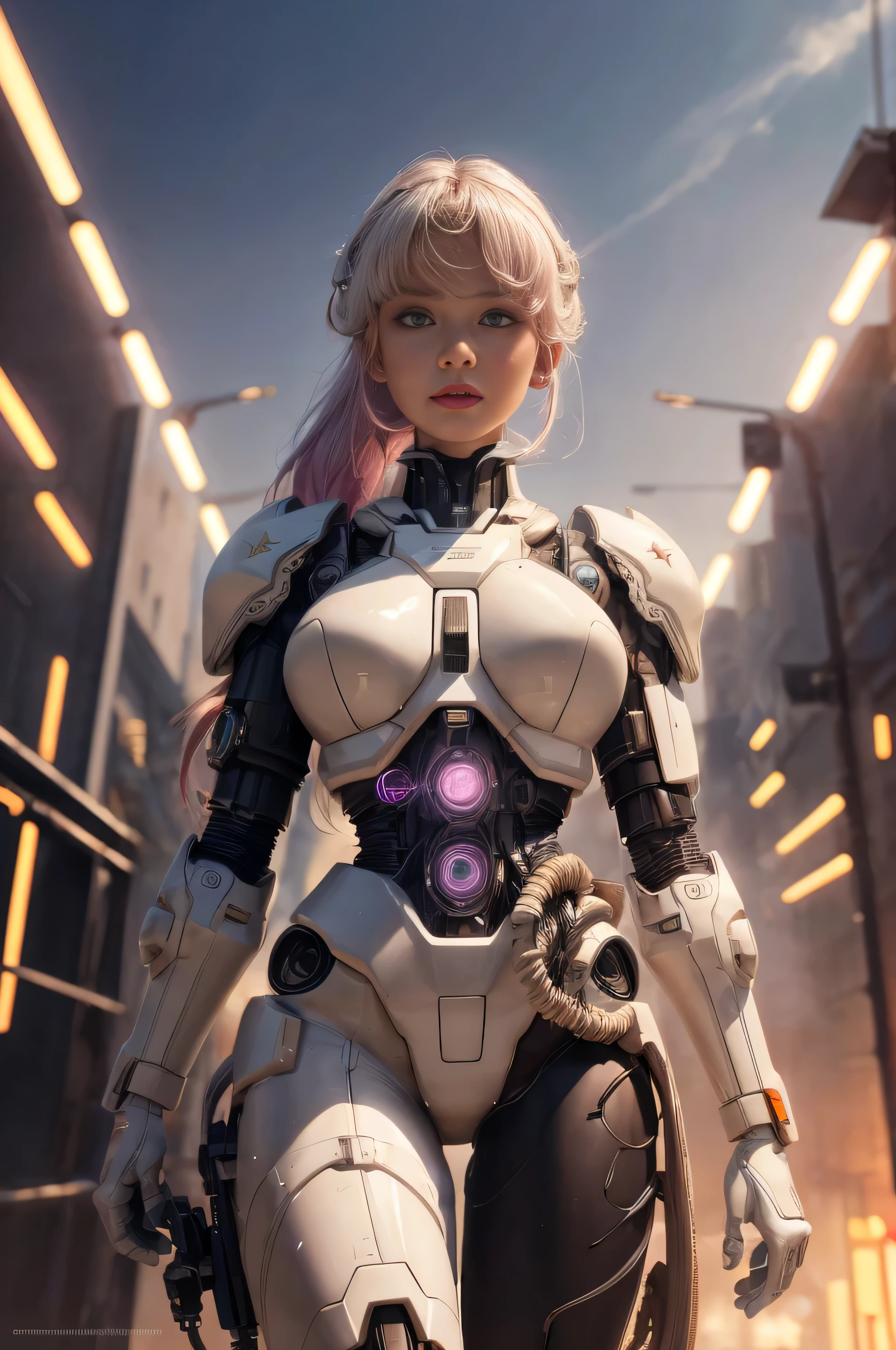 1mechanical_girl_with_kidou_keisatsu_patlabor_body , wearing_intricate_bioluminescent_mechanical_cyborg_armor_made_out_of ((white_beige_old_plastic)) , ((ultra realistic details)), detailed_face, global_illumination, shadows, octane_render, 8k, ultra_sharp, metal, ornaments_detailed, cold_colors, egypician_detail, highly_intricate_details, realistic_light, trending_on_cgsociety, glowing_eyes, look down on someone, ((from below)), lifted by self, looking at viewer, neon_details, machanical_limbs, blood_vessels_connected_to_tubes, ((lot_wires_and_cables_connecting_to_head_and_body)), killing_machine, extremely_sexy, lustful, medium breasts, slutty , official wallpaper, NSFW, In the style of Neon Genesis Evangelion, you find yourself standing on a desolate, post - apocalyptic wasteland, as the distant ruins of a massive city loom on the horizon. The sky is filled with ominous clouds, as a massive creature towers in the distance, cinematic light, dramatic light, pink + violet