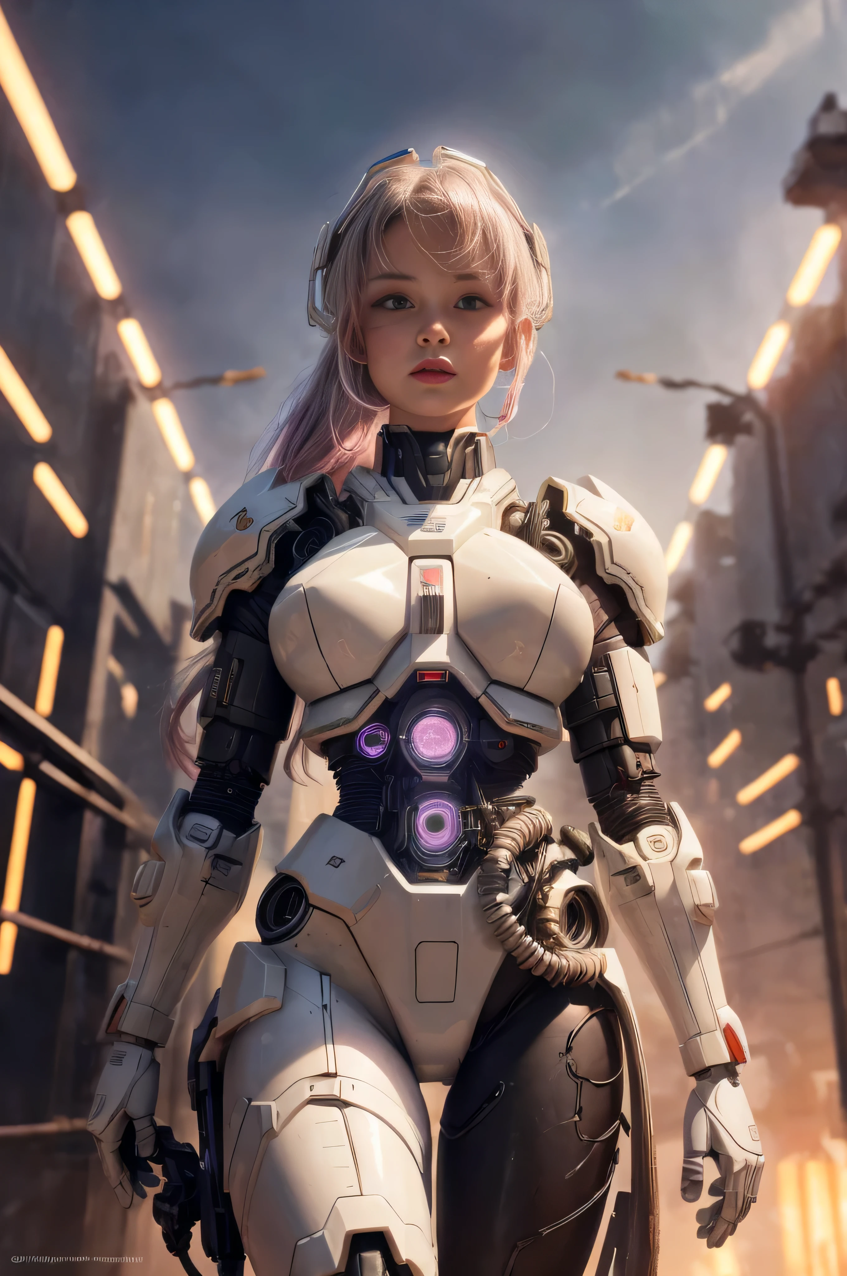 1mechanical_girl_with_kidou_keisatsu_patlabor_body , wearing_intricate_bioluminescent_mechanical_cyborg_armor_made_out_of ((white_beige_old_plastic)) , ((ultra realistic details)), detailed_face, global_illumination, shadows, octane_render, 8k, ultra_sharp, metal, ornaments_detailed, cold_colors, egypician_detail, highly_intricate_details, realistic_light, trending_on_cgsociety, glowing_eyes, look down on someone, ((from below)), lifted by self, looking at viewer, neon_details, machanical_limbs, blood_vessels_connected_to_tubes, ((lot_wires_and_cables_connecting_to_head_and_body)), killing_machine, extremely_sexy, lustful, medium breasts, slutty , official wallpaper, NSFW, In the style of Neon Genesis Evangelion, you find yourself standing on a desolate, post - apocalyptic wasteland, as the distant ruins of a massive city loom on the horizon. The sky is filled with ominous clouds, as a massive creature towers in the distance, cinematic light, dramatic light, pink + violet