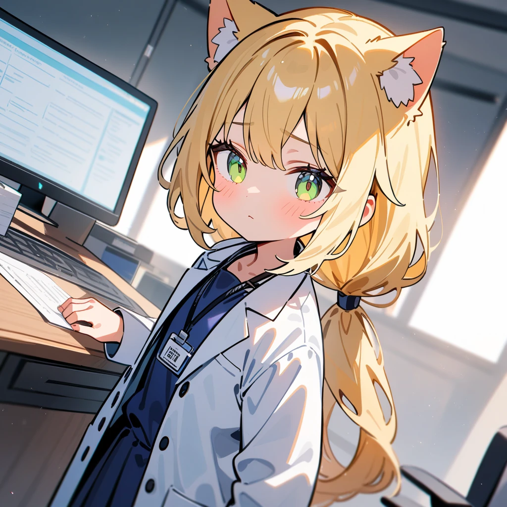 （masterpiece：1.2，high quality），8K，High resolution，A seven-year-old girl，cute girl，blonde hair，long hair，light green eyes，low ponytail，cat ears，expressionless eyes，Wearing white doctor uniform，Work ID hanging around neck，Stand in the office，primary school student，whole body