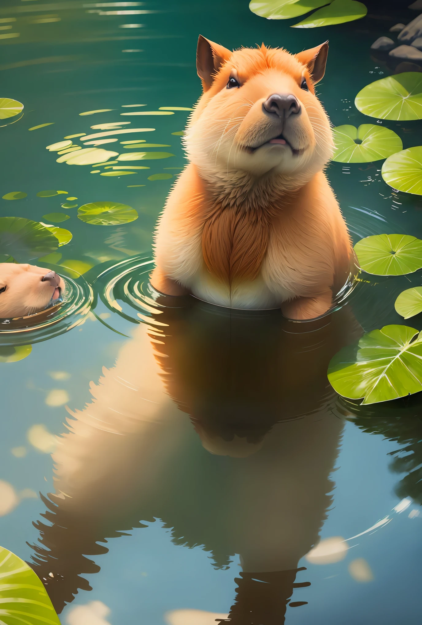 capybara in a pool,sunlight,crystal clear reflection,realistic,high quality,ultra-detailed,photorealistic:1.37,ultra-fine painting,natural colors,warm tones,soft shadows