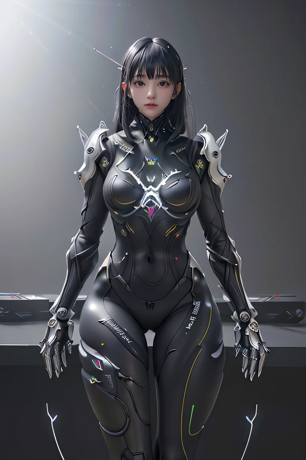 (from front:1.5), (1mechanical girl:1.5),full body, solo, Slim waist, thick thighs,  (machine made joints:1.2),(machanical limbs:1.1),(blood vessels connected to tubes),(mechanical vertebra attaching to back),(mechanical cervial attaching to neck), lights on armor, mecha headglass, (Luminous Arms:1.5), (laser eyes:1.5), expressionless, huge breast, 

colorful,hdr, ray tracing, nvidia rtx, super-resolution, unreal 5, subsurface scattering, pbr texturing, post-processing, anisotropic filtering, depth of field, maximum clarity and sharpness, rule of thirds, 16k raw, (luminescent particles:1.4), extremely detailed cg, unity 8k wallpaper, 3d, cinematic lighting, lens flare, reflections, sharp focus, cyberpunk art,  realistic, highly detailed CG illustration, an extremely delicate and beautiful, cinematic light, (photorealistic:1.5), (Dark background:1.5),dynamic angle, masterpiece, best quality, ultra-detailed, illustration, detailed light, dramatic_shadow,face shadow,extra detailed,best performance,