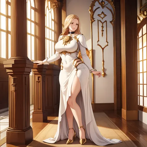 a woman wearing a white dress with gold details on the dress, legs exposed, long beige hair, orange eyes, smiling, large breasts...