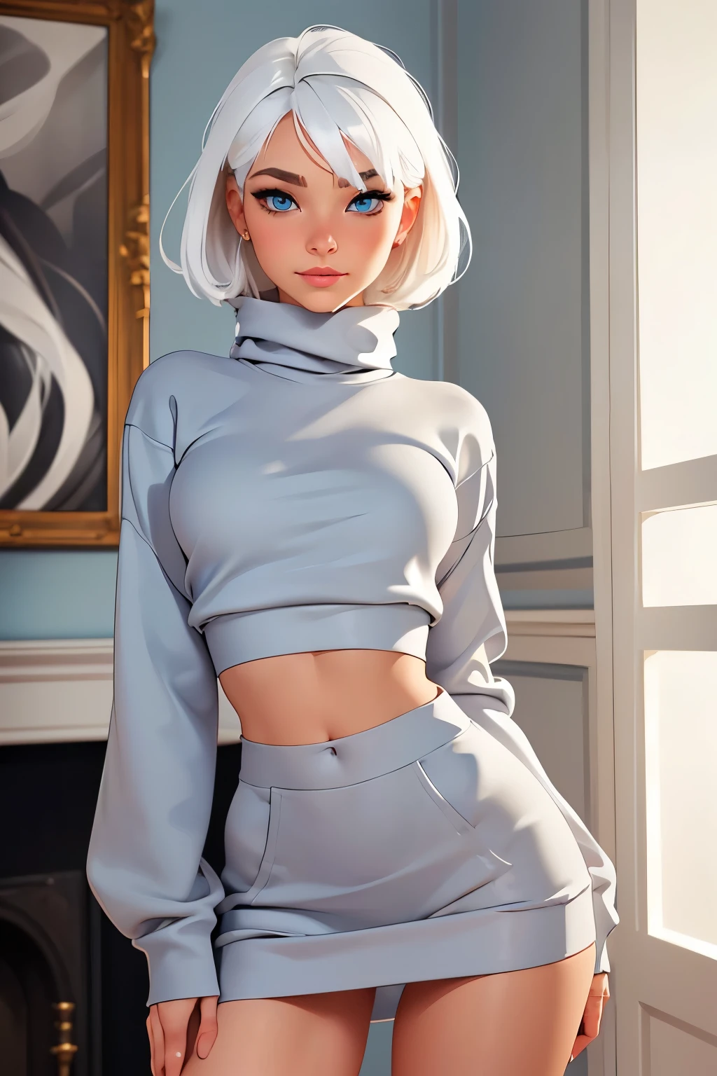 ((ultra quality)), ((Masterpiece)), olya, visual novel Bunny, short stature, (Black & White Style), ((White hair)), (Beautiful face), (beautiful female lips), (), charming, ((Innocent expression)), looking at the camera smiling softly, eyes closed a little, (Skin color white), (White skin), glare on the body, ((detailed beautiful female eyes)), ((Light blue eyes)), (juicy female lips), (dark eyeliner), (beautiful female hands), ((Ideal female figure)), Ideal female body, beautiful waist, beautiful hips, small breasts, ((subtle and beautiful)), stands temptingly, (wearing a gray long sweatshirt) background: In a living room, ((depth of field)), ((high quality clear image)), (clear details), ((High detail)), realistically, professional photo session, ((Clear Focus))