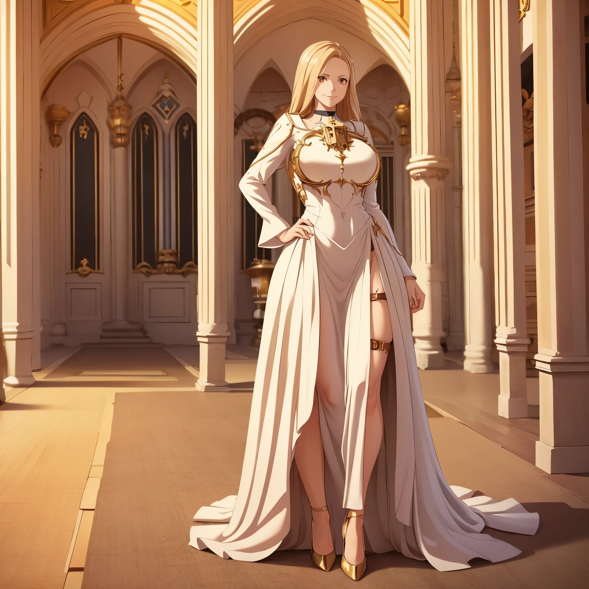 a woman wearing a white dress with gold details on the dress, legs exposed, long beige hair, orange eyes, smiling, large breasts, in a sophisticated medieval hall, with stone pillar windows, carpets, curtains in place,HDR, masterpiece, well defined, ultra resolution, high quality, 8k HD. (just a woman, solo)
