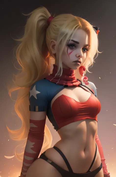 A 10 year old girl. ponytail. blonde. wide hips. harley quinn cosplay. clown. 