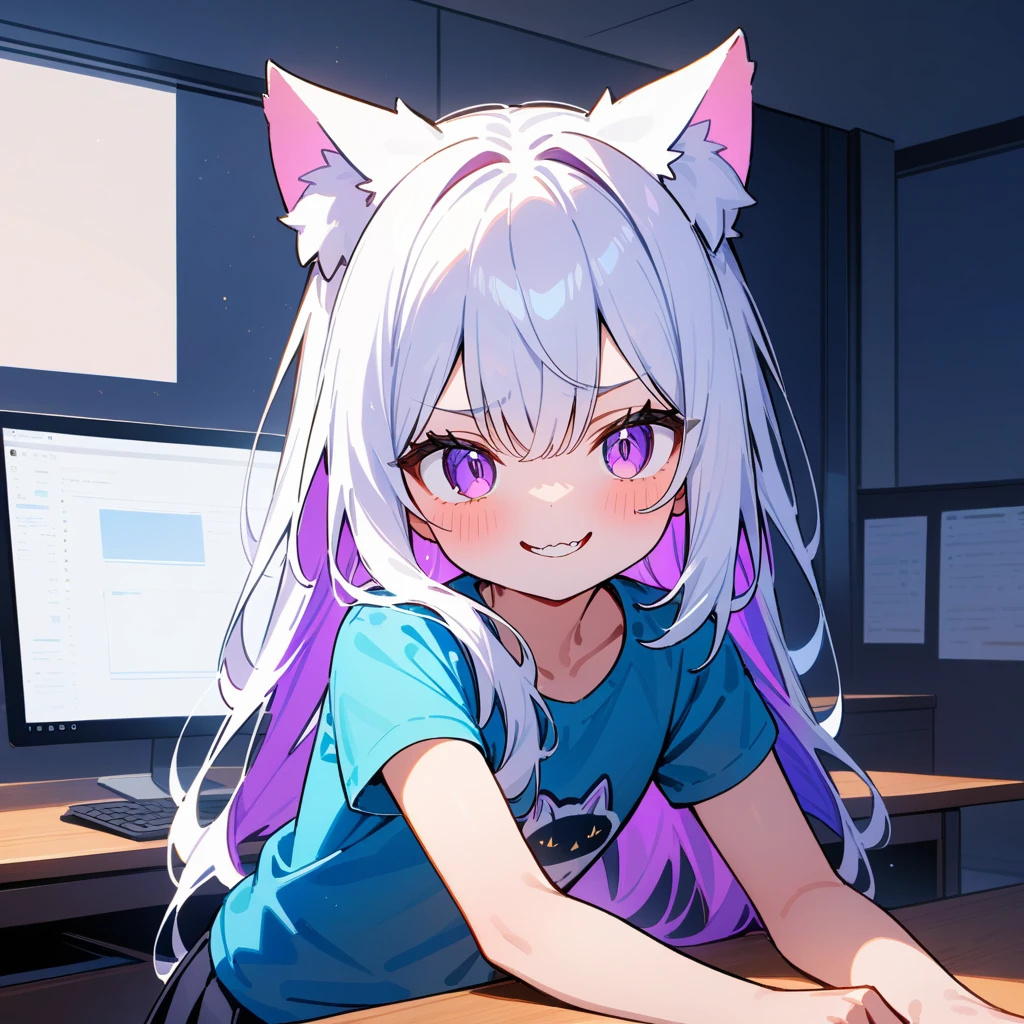 （masterpiece：1.2，high quality），8K，High resolution，A seven-year-old girl，cute girl，white hair，long hair，blue streaked hair，colored inner hair，hair over shoulder，purple eyes ，cat ears，evil smile，Wearing a T-shirt，Black pleated skirt，Stand in the office，primary school student，whole body