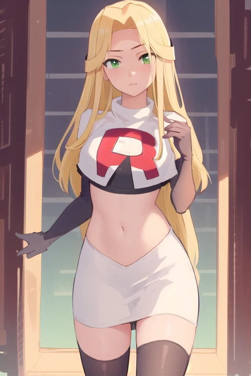 (masterpiece, best quality, high resolution:1.4), rapunzel, green eyes, (loose hair:1.3), looking at viewer, team rocket,team rocket uniform,white skirt,red letter R,crop top,black thigh-highs