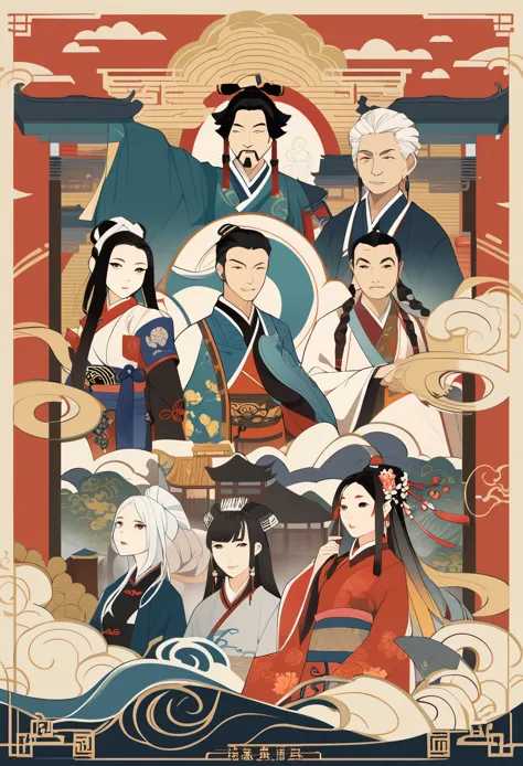 cover page, Four major folk legends of ancient China, flat Design, vector illustrations, graphic illustration, detailed 2d illustration, flat illustration, digital illustration, digital artwork,