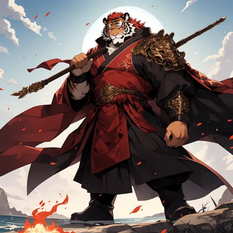 (淡红色tiger),(烈焰红General战袍),Holding a spear,Powerful gesture,Stand confidently and proudly,(The background is the endless sea:1.2)...