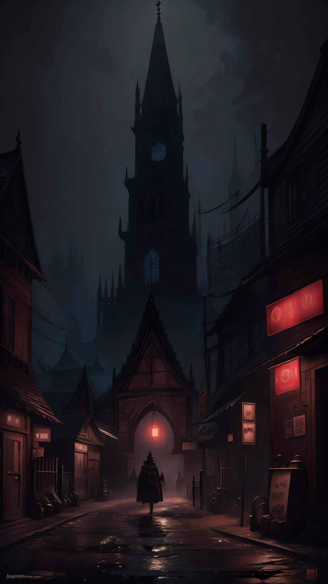 (Ink illustration on parchment). A futuristic The city of yharnam, bloodborne, oil painting, done with japanese brush technique, realistic, extreme detail, scary, terrifying, dark and warm environment, 8k, masterfully stylized, by Jeff Easley and Terry Redlin 