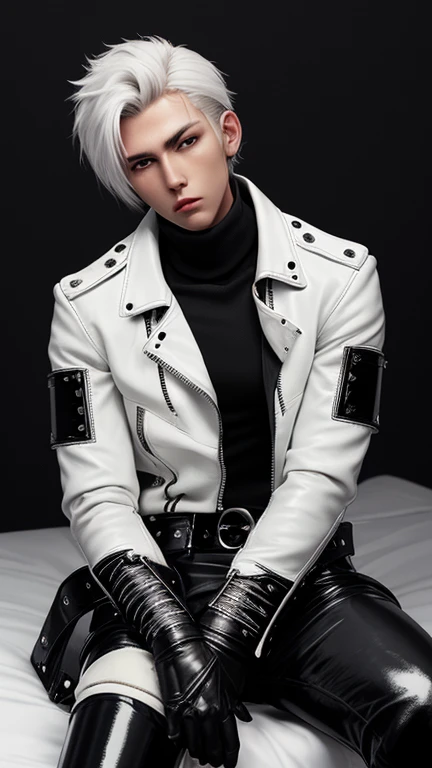 Final Fantasy-style graphics, young, Cute and cool Japanese boys, Thin eyebrows and big eyes,  He is wearing a shiny off-white leather single-breasted jacket.。., with epaulettes,  The jacket is zipped up, The jacket pockets are black., The jacket has a high stand-up collar with a belt, Also wearing a black turtleneck, black leather pants, Thin black leather gloves on both hands, Black leather knee-high lace-up boots, Head to Toe, Show your whole body, Final Fantasy Style、good looking、Clear eyes and nose、((A shiny white single-breasted leather jacket))、((The jacket has epaulettes))、((The jacket has a stand-up collar and belt))、((The jacket has a black pocket))、((Black turtleneck shirt))、((Shiny black leather pants))、((Shiny black leather gloves on both hands))、((Black lace-up leather long boots))、Head to Toeの眺め、Realistic image quality and texture、In a small brick-walled cell、Close your eyes、((The jacket is zipped closed))、((Sitting on the bed))