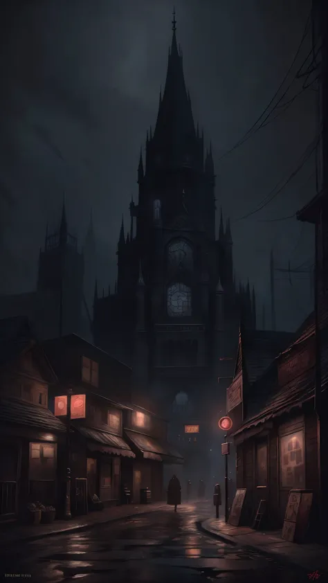 (Ink illustration on parchment). A futuristic The city of yharnam, bloodborne, oil painting, done with japanese brush technique,...