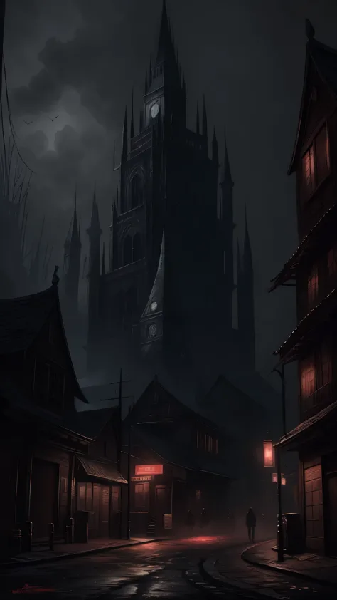 (Ink illustration on parchment). A futuristic The city of yharnam, bloodborne, oil painting, done with japanese brush technique,...