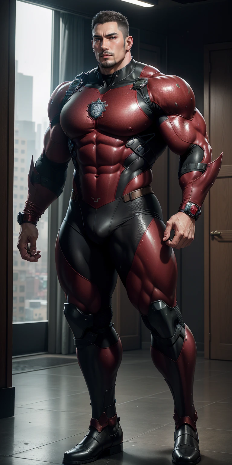 Tall giant muscular police officer，Wine red honeycomb pattern nano mecha，Honeycomb pattern，Lightweight texture，Character Concept（Resident Evil - Chris Redfield，Chris Redfield）senior police officer，Small grid texture，Regular symmetrical texture pattern，Sad expression，Deep and charming eyes，Emerald Eyes Hero，Heroic male pose，Tall burly，muscular！Attractive leg muscles，High, Burly, Heqiang，  Super Buff and Coolness， High Resolution Committee， Bigfoot Burgundy Ultra-thin Nano-Mechanical Boots，Charismatic strongman，The bright sunshine shines on you，Matte particles，Shiny texture