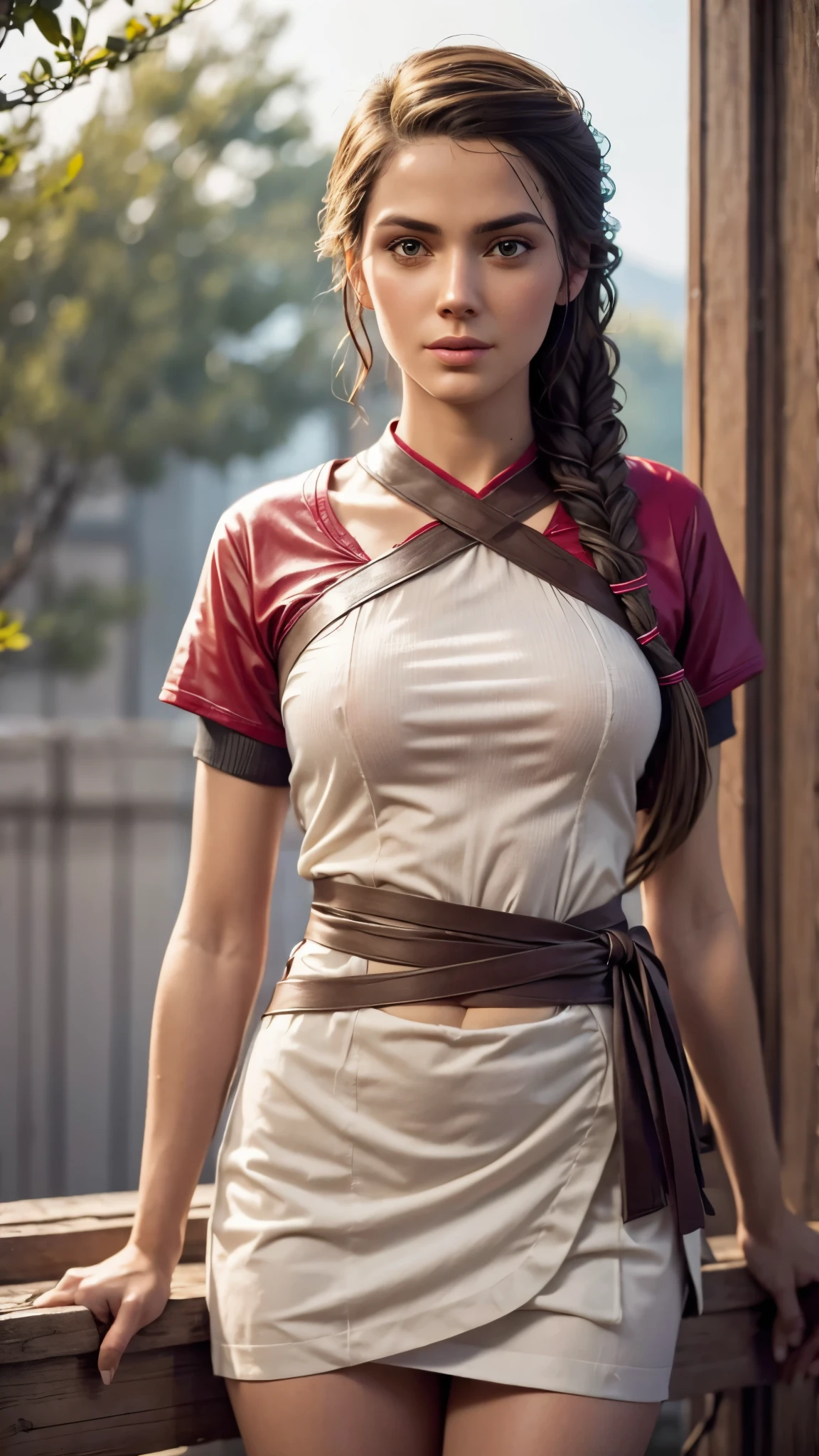 1girl, Kassandra, braided hair, brunette,  uniform, shy, blush, wet, rain, transparent, (masterpiece, best quality), soft light, cinematic composition, cinematic light