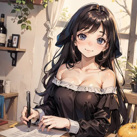 best quality, masterpiece, Ultra-high resolution, Reality, 1 Girl, Off-shoulder, Smile