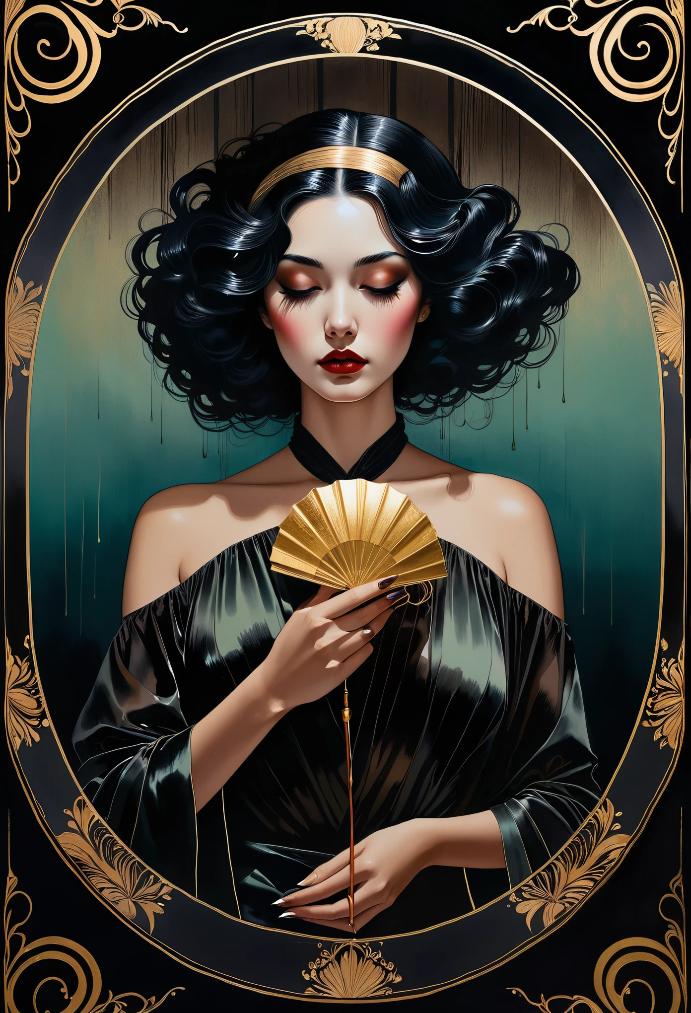 technique du clair-obscur sur l&#39;illustration d&#39;un élégant oldies , cheveux humide, ancien, sinistre, Peinture mate, par Hannah Dale, par Harumi Hironaka, couleurs extrêmement douces, vibrant, très détaillé, illustrations numériques , Contraste élevé, Spectaculaire, raffiné, tonal, expression du visage