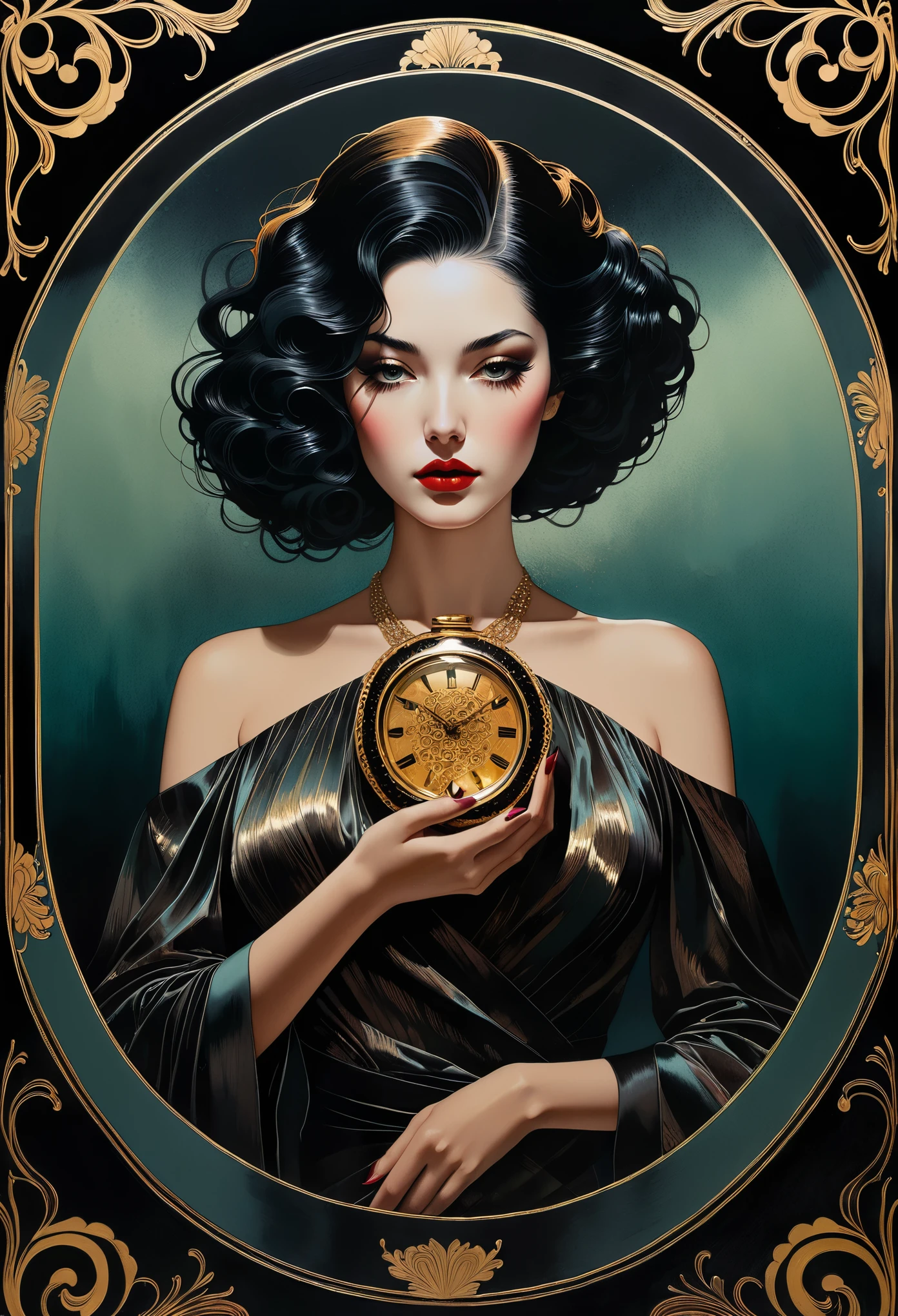 técnica de claro-escuro na ilustração de um clássico elegante , cabelo molhado, vintage, estranho, pintura fosca, por Hannah Dale, por Harumi Hironaka, cores extremamente suaves, vibrante, Altamente detalhado, ilustrações digitais , Alto contraste, dramático, refinado, tonal, expressão facial