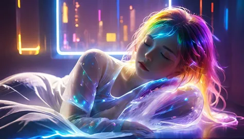 {{masterpiece}}, best quality, Extremely detailed CG unified 8k wallpaper, Movie Lighting,Cyberpunk, A woman sleeping in bed，Sleep with eyes closed，Huge window behind， A quiet night. , Multi-colored hair, (Colorful hair:1.5),