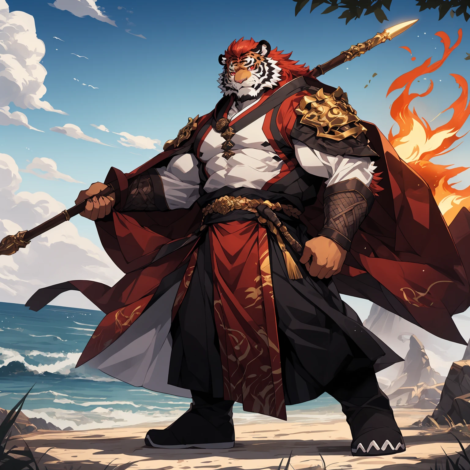 (淡红色tiger),(烈焰红General战袍),Holding a spear,Powerful gesture,Stand confidently and proudly,(The background is the endless sea:1.2),abdominal muscles,Heroic Stance飒爽,完美的masterpiece,Various facial details,Perspective from a distance,specific description,masterpiece,CG,(Pale red eyes),light green pattern,Light green tail,General,Heroic Stance,tiger,Reddish fur,Specific facial details,Half Body,(炎火General战履),(Chang Ling),((middle aged)),(Face focus),(16K),HD,Red and white belly,temple,beard,(Facial lines),Different students,(Flaming Red Battle Robe),(Light red hair),Strong,muscle,(high resolution:1.3),Weeds underfoot