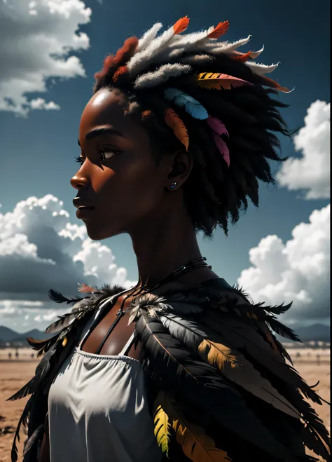colorhalf00d,, top-down view of a gabrielle uniyon, side profile, black woman, feathers, clouds, acceptance