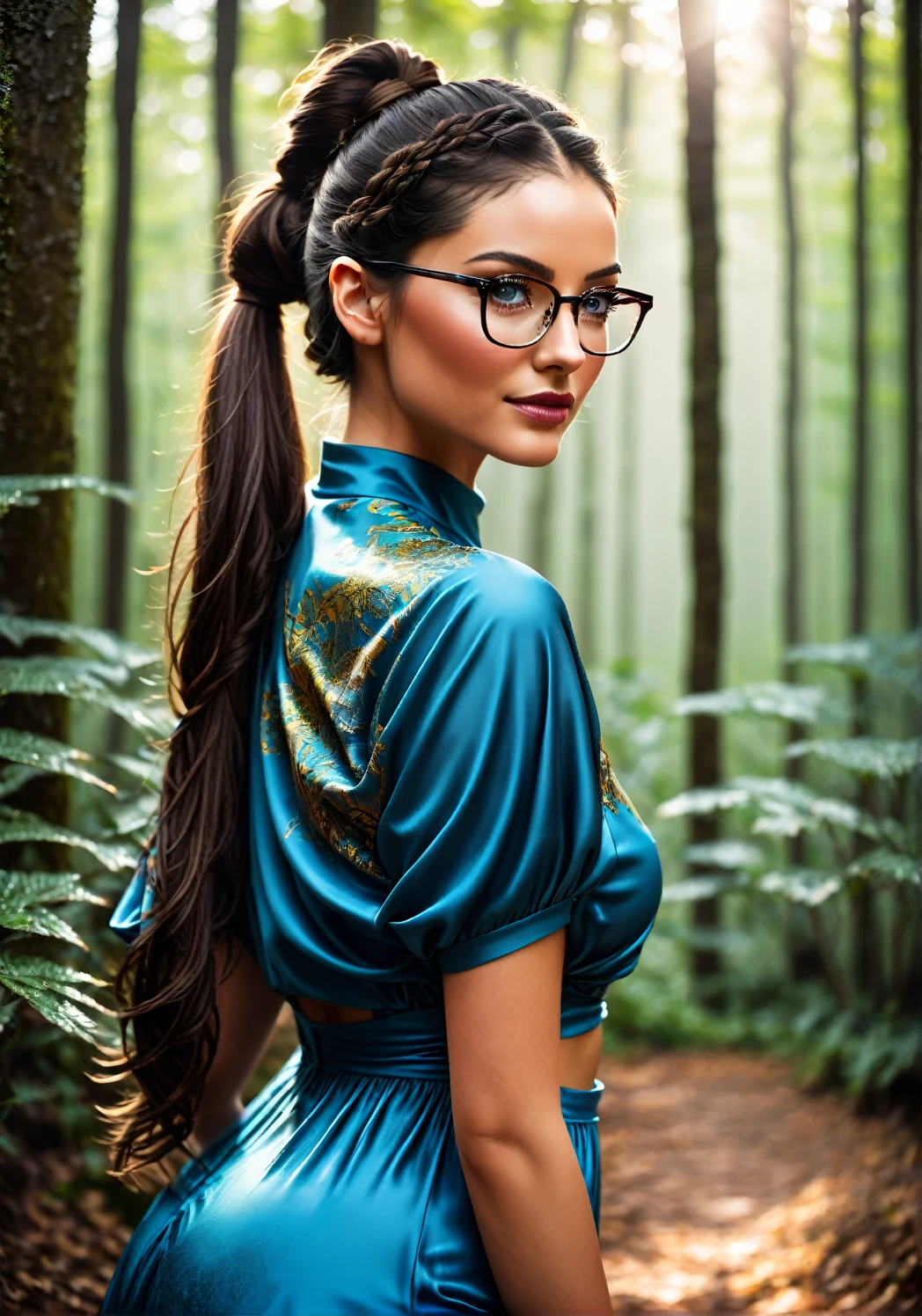 (((Realism; 8k definition capabilities; The main scene is a full view of the person's image taken from a distance with an f/1.2 wide-angle camera; realistic image; woman, normal appearance, contemporary style, blue eyes; light brunette , 38 years old, wears square glasses and long hair styled in a high tied ponytail))); RAW color photo of very high quality and details, double exposure, sharp lines, monochrome background, 50mm, Canon EOS R10 + effect, focus on art by @DrDB, soft lighting, depth of field effect;underground, f2, 35mm, grain film, half-length shot; ((woman's sculptural body, thin abdomen, shaped waist)), small, well-shaped eyes; thin and detailed eyebrows, (dark brown hair long hair styled in a high tied ponytail), very detailed skin texture, slight dimple on the face without makeup, small mouth with burgundy lipstick 1.4, long dress 1.6))), facial features clear)); (((photographic, photographic, photogenic))), candid moment, genuine expressions, detailed facial features, emotional depth (radiant expression; looking at the front of the scene: 1,2), (((completely contrasted background))) clothes more ultra-real: 1.8)), legs in front of each other: 1.4, ((exposed detail: 1.4, full focus on scene position (f/1.2)); Sunlight hitting a forest; Spectacular ambient lighting, luminous colors, cinematic atmosphere, realism style, intricate details in high capture (((Ultra-high resolution, physics-based rendering. ((Many bright and colorful particles are flying: 1.5, backlit)) . full-figured woman, calm appearance, bohemian style, blue eyes;