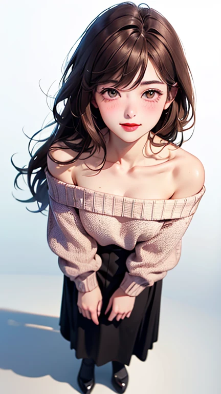 A light blush and a smile, (Masterpiece of the highest quality:1.2) Delicate illustrations, super detailed, /Beautiful Japanese Women、1 person,Very cute and slim、Outstanding style 、((8K images、super high quality))、Very delicate face, Skin and Hair、Red lipstick、Long Hair、straggling hair,(((((Gradient Hair、brown hair))))),Eyes and nose are clearly visible、Kind eyes,(((Off-the-shoulder sweater、full body shot)))