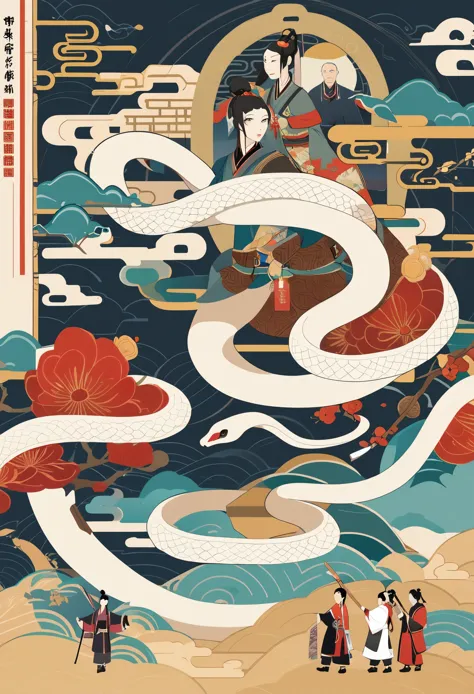 cover page, Four major folk legends of ancient China, The Legend of the White Snake, Bai she zhuàn, flat Design, vector illustrations, graphic illustration, detailed 2d illustration, flat illustration, digital illustration, digital artwork,