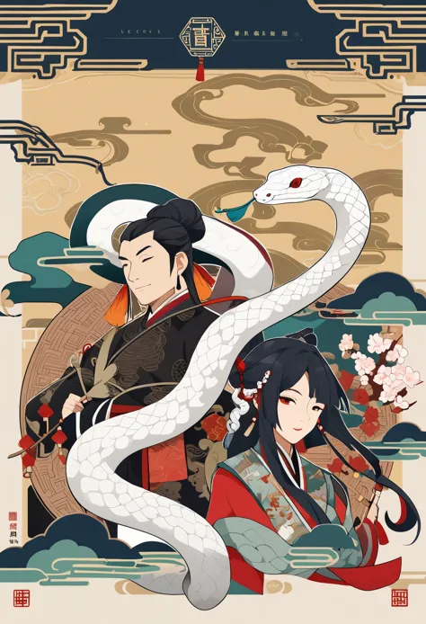 cover page, Four major folk legends of ancient China, The Legend of the White Snake, Bai she zhuàn, flat Design, vector illustrations, graphic illustration, detailed 2d illustration, flat illustration, digital illustration, digital artwork,