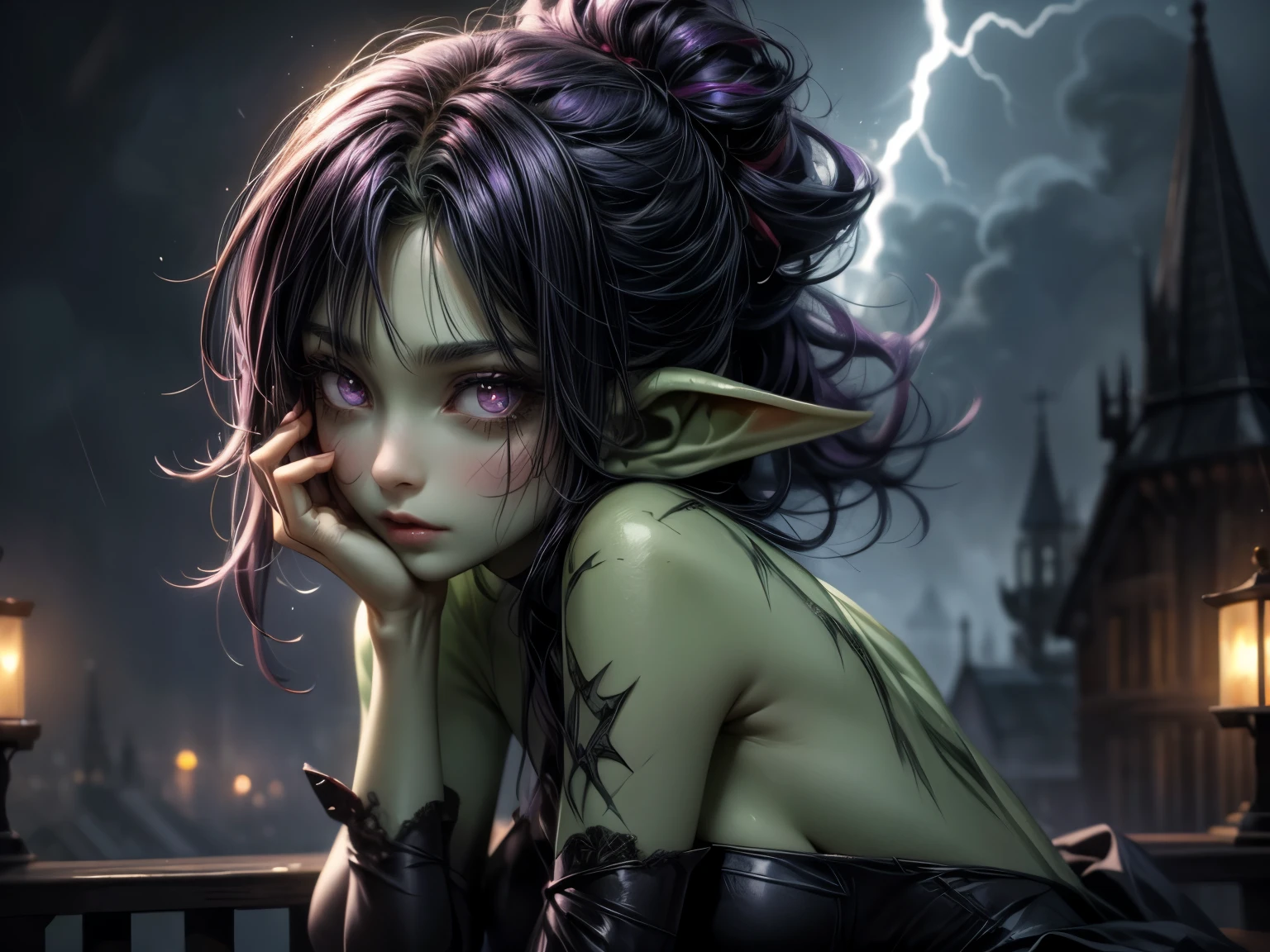 absurdrez, ((best quality)), ((masterpiece)), (detailed), dark gothic horror style, Halloween style, very small goblin girl, (green skin), pointy ears, short purple hair with black streaks pixie hairstyle, aloof expression, looking down on viewer, bright red eyes, superior attitude, sassy, smug, doing magic on a castle parapet, windy, rainy, stormy, lightning, evil, dynamic pose, cinematic still