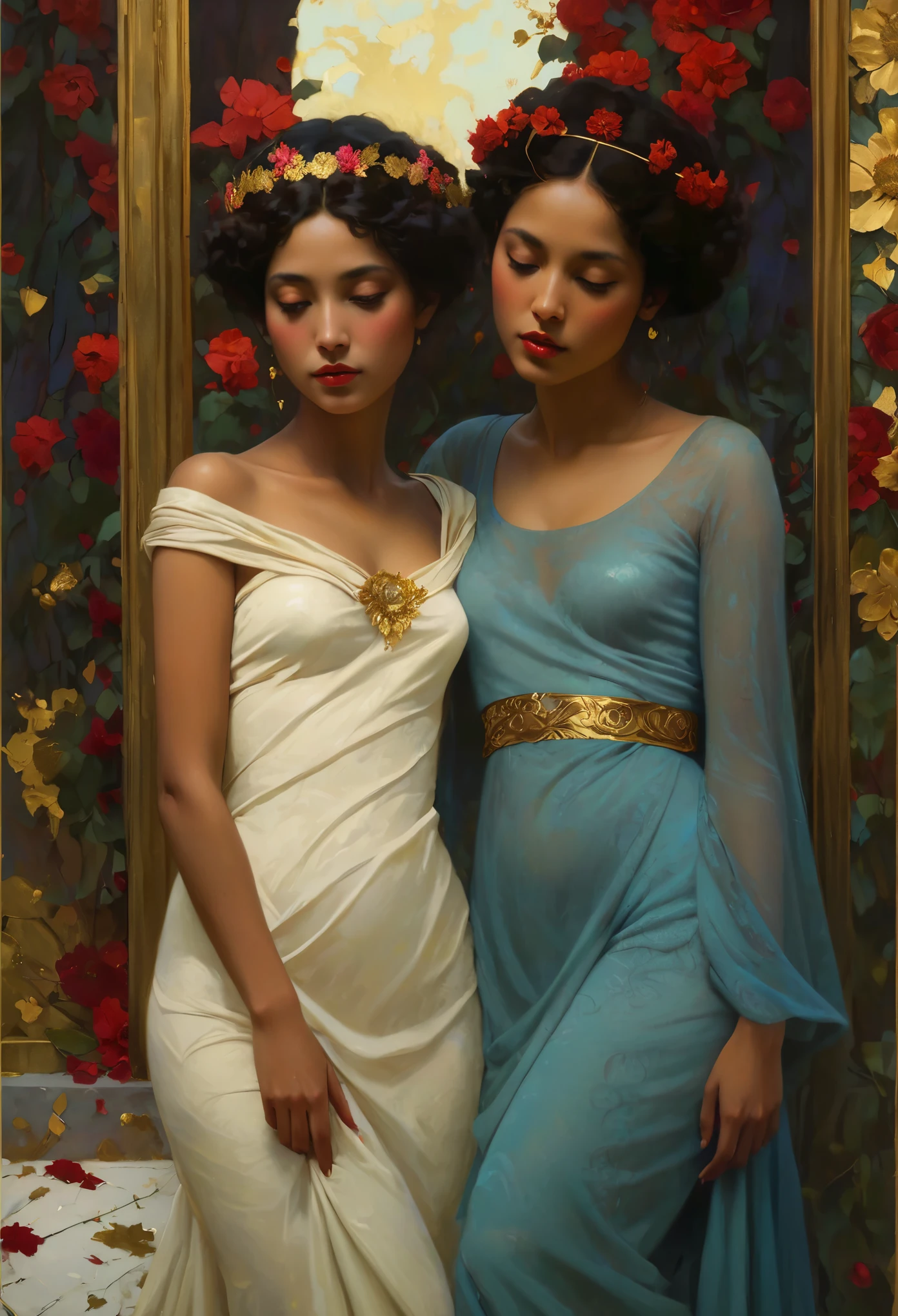 Una pintura de una mujer con una corona de flores en la cabeza, diosa de las flores, mujer en flores, ella tiene una corona de flores, una diosa en un campo de flores, cubierto de flores, Mucha klimt y tom bagshaw, chica en flores, perséfone en primavera, reina de las flores, diosa de la primavera, jinyoung espinilla arte, retrato femenino con flores, foto en bruto de (Adulto:1.3),una explosión femenina de picantes cascadas carmesí,entrelazando magia y tecnología con un atractivo viscoso desaparece en las sombras,en una obra maestra neoexpresionista de abrazo dorado,top-less,senos pequeños,pelo entre los ojos,(flaco, Cuerpo delgado:0.4),(chiaroscuro:1.3),(octanaje render obra maestra,Escala de obra maestra,Hermosa profundidad de campo,Campo ultra amplio,perspectiva CG ultra detallada,Iluminación ultra dinámica sombras increíbles,iluminación dramática), Transmitir la sensación de fuerza interior y confianza.. Introduce un suave, neblina atmosférica en el medio ambiente, creando una suave difusión de luz y dando la impresión de aura y presencia doradas..