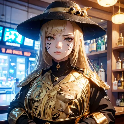 (highest quality,masterpiece,High resolution,Super fine、Rainbow Face Paint、A hat with many black spheres:1.444、Heavily armed fem...