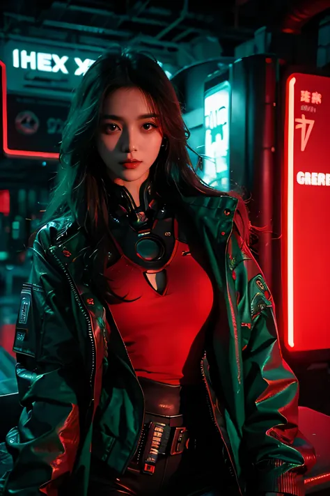 Beautiful girl with small breasts, Wearing a rugged jacket, Long hair, Robotic arm in cyberpunk night scene, Cyberpunk red green...